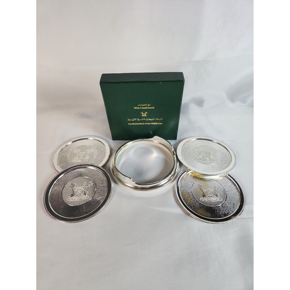 Vintage British Bank of the Middle East 4 Coasters Set Silver Plated England EUC